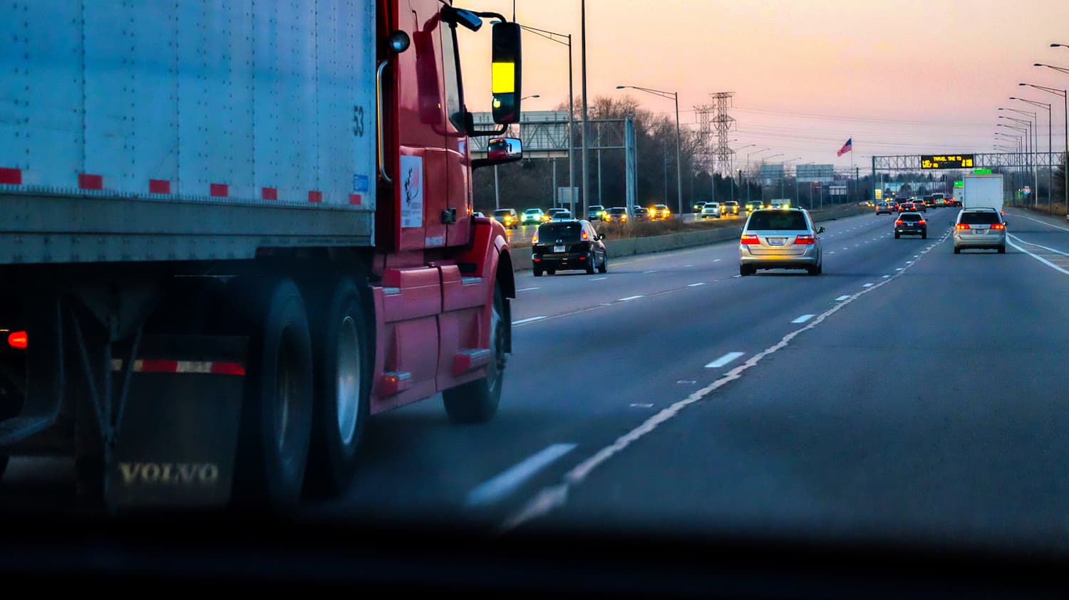 Back of a lorry, driving on a road