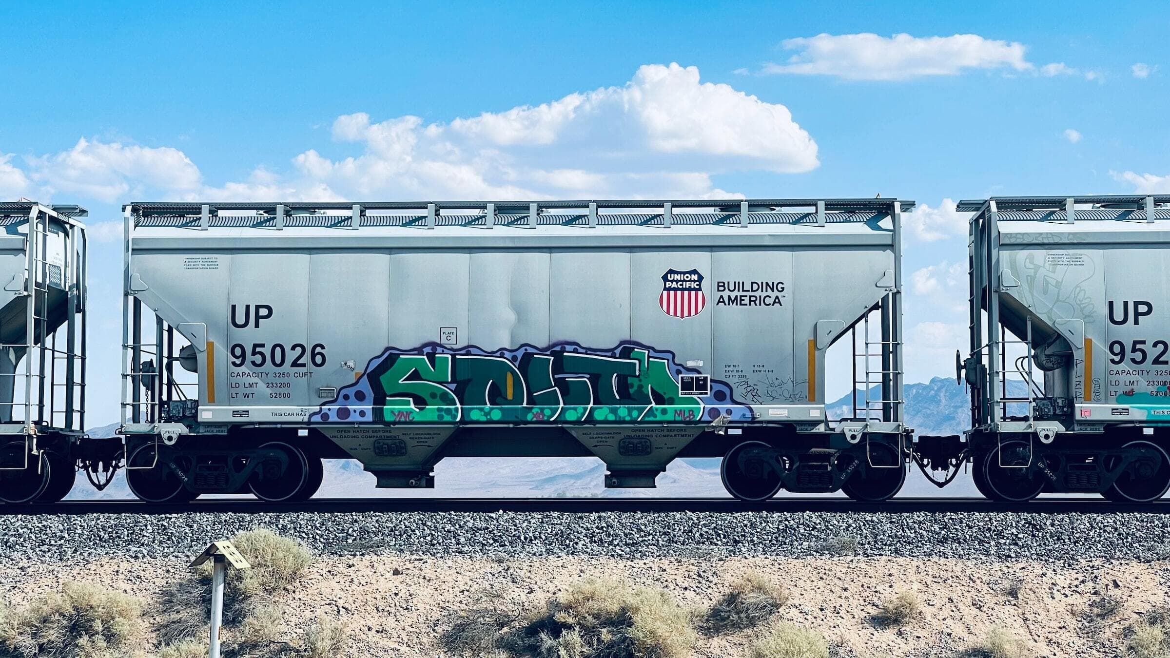 train on a track covered in graffiti
